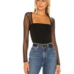 Lovers + Friends Elisabetta Bodysuit S Black Swiss Dot Long Sleeve Stretch Zip